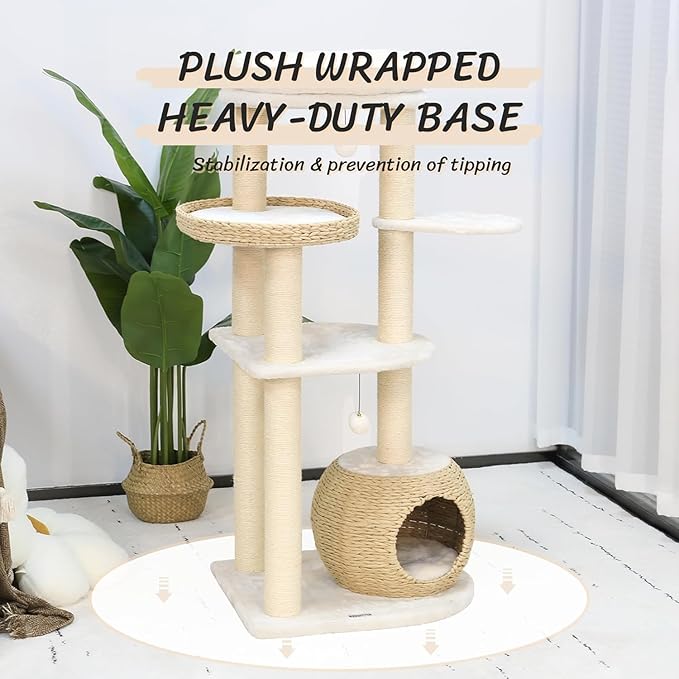 KAMABOKO Modern Cat Tree, 53" Cat Tower for Indoor Cats Natural Sisal Scratching Posts, Hand-Woven Condo & Top Perch, Cat Tree Tower for Kittens Climb Play & Rest-Mewly Pet