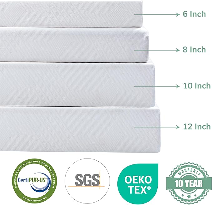 EGO White 12 inch Twin Memory Foam Mattress, Gel Green Tea Mattress Bed in a Box, Made in USA, CertiPUR-US Certified, 38"×75", Medium Firm