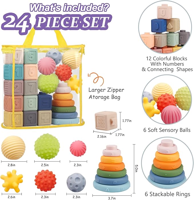 Montessori Toys for Babies,Soft Stacking Building Blocks Rings Balls Sets,3 in 1 Baby Toy Bundle,Sensory Toy for 6-12 Months, Soft Teething Toys for Babies,Baby Gifts for Boy Girl-Mewly Pet