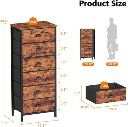 Furnulem Tall Dresser with 6 Drawers,Vertical End Table and Nightstand for Bedroom,Industrial Dorm Bedside Furniture with Fabric Storage Drawer Organizer in Living Room,Closet,Entryway(Rustic Brown)