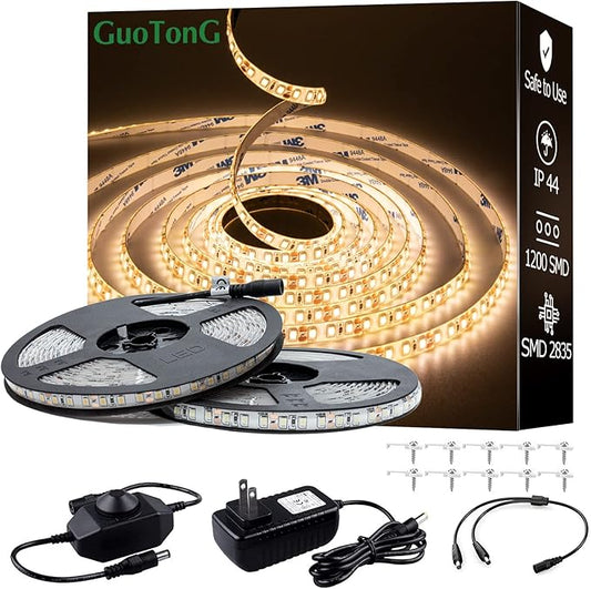 White LED Strip Lights, Waterproof cuttable 1200 SMD 2835 LED Tape, 12V 65.6ft/20m Flexible Ribbon, Kitchen Cabinet Lighting (Warm White)