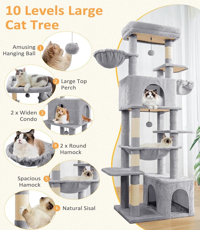 Cat Tree Large Cat Tower Tree 68" Multi-Level Cat Tower for Indoor Cats with Sisal Scratching Posts, Widen Cat Perche, Square Hammock, 2 Widen Condos, Scratching Posts, Light Grey-Mewly Pet