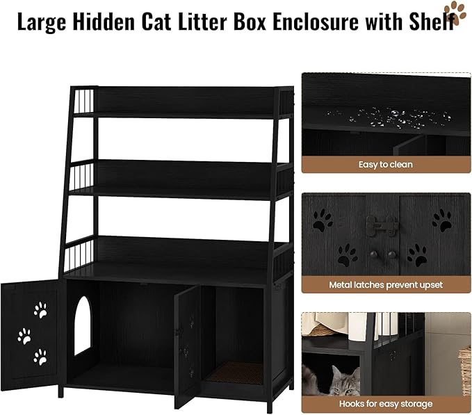 Recaceik Large Cat Litter Box Enclosure with Shelf Storage, Hidden Cat Washroom Furniture, Wooden Cat House with Scratch Pad, Sturdy Indoor Cat Cabinet with 2 Doors, Black-Mewly Pet