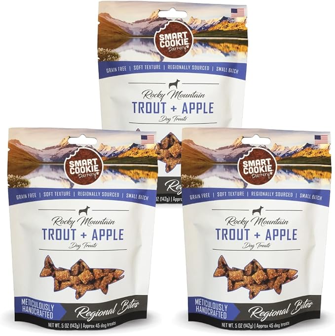 Smart Cookie All Natural Dog Treats - Trout & Apple - Training Treats for Dogs with Allergies, Sensitive Stomachs - Soft Dog Treats, Grain Free, Chewy, Human-Grade, Made in USA - 5oz, Pack of 3-Mewly Pet