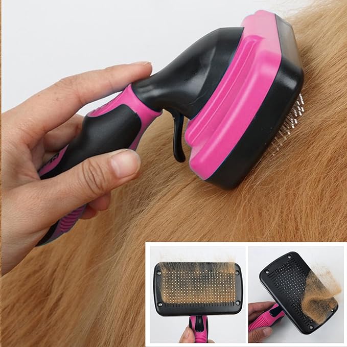 Dog Brush Kit for Grooming Short & Long Haired Dogs & Cats, 4-in-1 Pet Grooming Set with Self-Cleaning Slicker Brush, Deshedding Tool, Shampoo Bath Comb, Massge Comb (Pink Black)-Mewly Pet