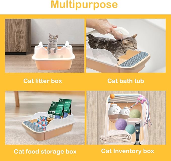 Open Cat Litter Box with High Side,Anti-Splashing Cats Litters Pan,Kitten Toilet with Litter Sifting Scoop,Semi-Enclosed Removable Kittens Litter for Boxes Easy to Clean No Odork(Khaki)-Mewly Pet
