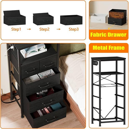 Furnulem Dresser for Bedroom, Tall Nightstand, Vertical Chest with Wood Top, Charging Station, LED Lights, 5 Fabric Bins, Bedside Table with Shelf, Furniture for Entryway (5 Drawer, Black Oak)