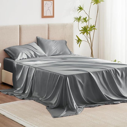 Love's cabin Satin King Sheet Sets - 4 Piece Dark Grey Silky Sheets King Size Bed Set with Deep Pocket, Luxury Silk Feel King Size Satin Sheet Set (1 Flat Sheet,1 Fitted Sheet,2 Pillow Cases)