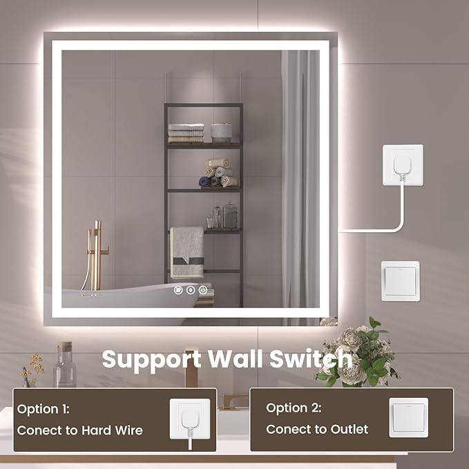32"X32" LED Bathroom Mirror with Front Lights and Backlit, Anti-Fog, Dimmable, Shatter-Proof Tempered Glass, Lighted Bathroom Vanity Mirror for Wall with 3 Colors, Memory Function