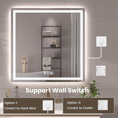 32"X32" LED Bathroom Mirror with Front Lights and Backlit, Anti-Fog, Dimmable, Shatter-Proof Tempered Glass, Lighted Bathroom Vanity Mirror for Wall with 3 Colors, Memory Function