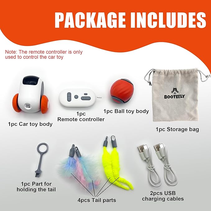 1pc Interactive Automatic Remote Control Cat Mice Car Toy and 1pc Smart Electric Moving Speedy Cat Ball Toy with Feather Tail, Suitable for Dogs, Keep Busy, Stimulating, Rechargeable (orange)-Mewly Pet