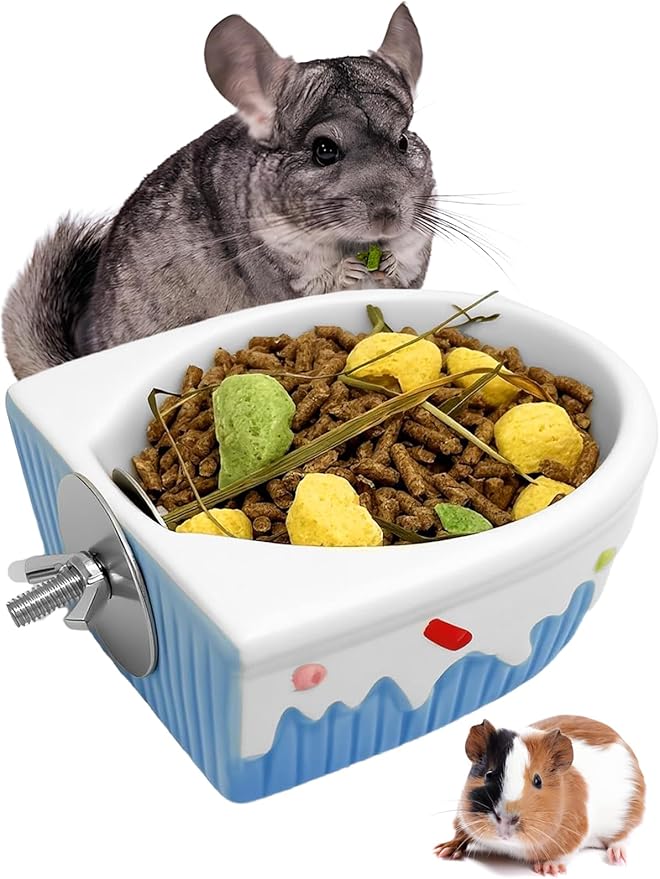 Chinchilla Food Bowl Ceramic Guinea Pig Cage Feeder Hanging Bunny Food Dish Small Animal Feeding Bowls for Syrian Hamster Ferret Gerbils (Blue)-Mewly Pet