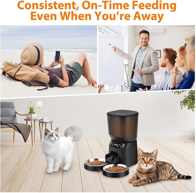 Automatic Cat Feeders for Two Cats, 5L/20 Cups Double Automatic Cat Food Dispenser with 2 Stainless Bowls, Timer Setting 20 Portions 6 Meals Per Day, 10s Meal Call, Pet Feeder for Dog (Black)-Mewly Pet