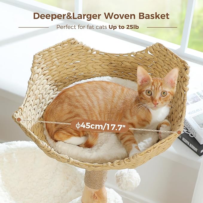 PAWZ Road Modern Cat Tree with Natural Solid Wood Scratching Post, 40 Inches Cat Tower with Spacious Wicker Basket,Large Hammock,Luxury Condo for Indoor Cats-Mewly Pet