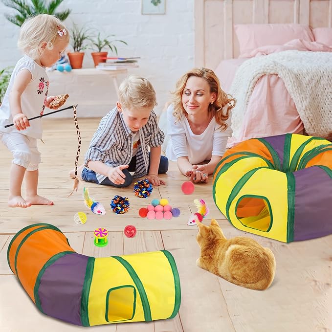 Retro Shaw Cat Toys Kitten Toys, Interactive Cat Tunnels Toy for Indoor Cats Kitty, Kitten Tube Tent Feather Wand Teaser Bell Fuzzy Ball Springs Mouse (33 Pcs Large Cat Tunnel Toys Set)-Mewly Pet