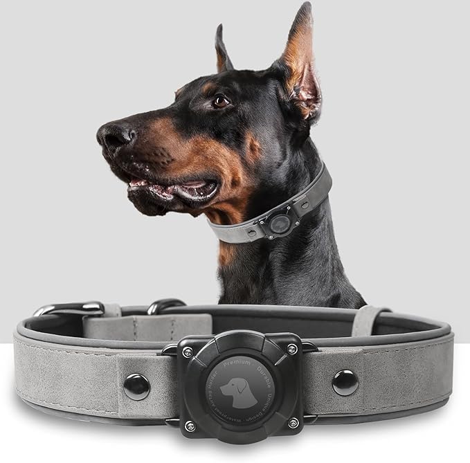AirTag Dog Collar - Leather Dog Collar with Air Tag Holder | IPX8 Waterproof, Reflective, High - End, Adjustable Soft Padded | Dog GPS Tracker Collars Fit for Medium Large Dogs (Grey, L)-Mewly Pet