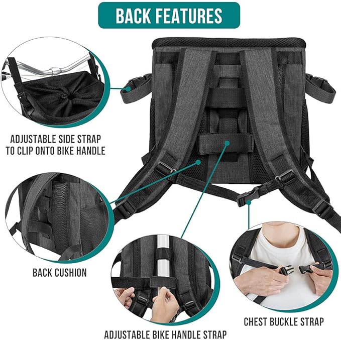 PetAmi Dog Bike Basket, Soft-Sided Ventilated Dog Bike Carrier Backpack, Pet Bicycle Basket for Bike Handlebar, Small Medium Puppy Cat Kitten Car Booster Seat with Safety Strap, Max 18 lbs, Dark Gray-Mewly Pet