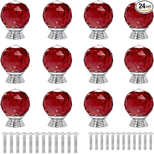 12 Pcs 30mm Round Shape Crystal Glass Cabinet Knobs with Screws Drawer Knob Pull Handle Used for Kitchen, Dresser, Door, Cupboard(Red)