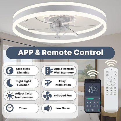 23.6'' Ceiling Fan with Light, Upgraded Low Profile Fan, Flush Mount Ceiling Fan, 6 Speeds, Dimmable LED, App & Remote Control, Quiet DC Motor, for Bedroom, Living Room, F105 White