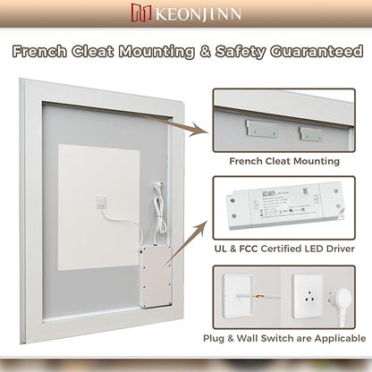 Keonjinn Bathroom LED Mirror 30 x 30 Inch Frontlit and Backlit, Tempered Glass Stepless 3 Colors Temperature & Dimmable Square Wall Mirror, UL Listed LED Driver, Double LED Strips, Anti-Fog