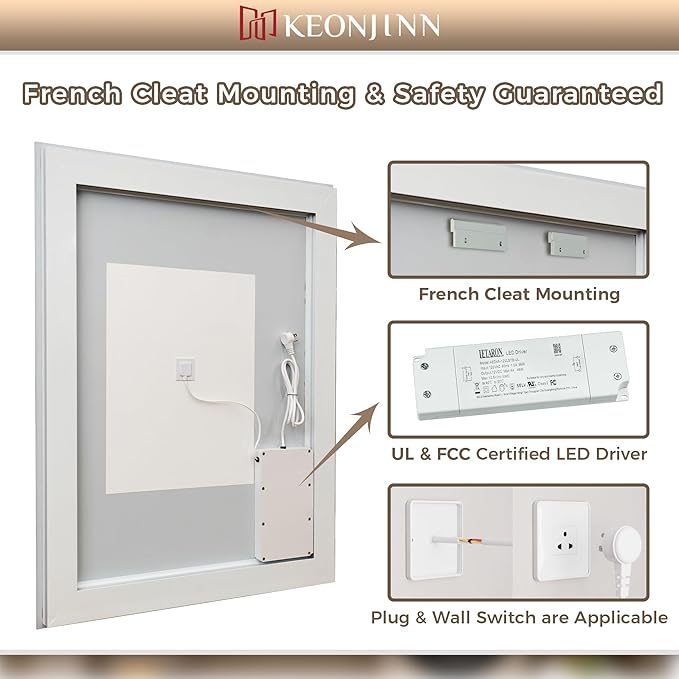 Keonjinn LED Bathroom Mirror 32" x 36" Frontlit and Backlit, Large Stepless 3 Colors Temperature & Dimmable Wall Mirror, UL Listed LED Driver Double LED Strip, Anti-Fog Frameless Tempered Glass Mirror