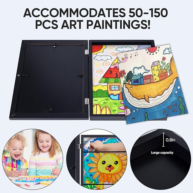 Kids Artwork Frames Changeable - Front Opening Holds 150, Children Art Projects, 10x12.5 Picture Frame for Display, With Storage (Black)