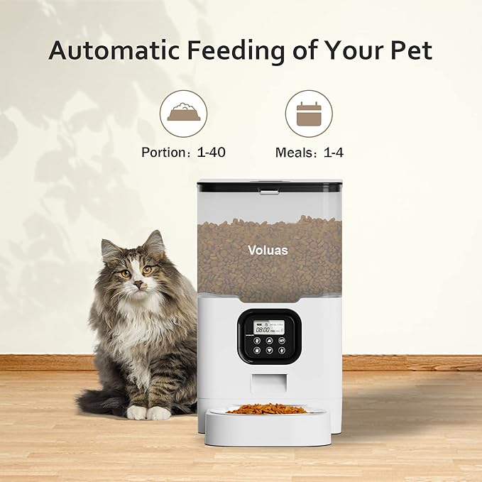 VOLUAS Automatic Cat Feeders - Pet Food Dispenser for Dry Food, Timed Cat Feeder with Desiccant Bag, Programmable Portion Size Control 4 Meals Per Day, 10s Voice Recorder-Mewly Pet