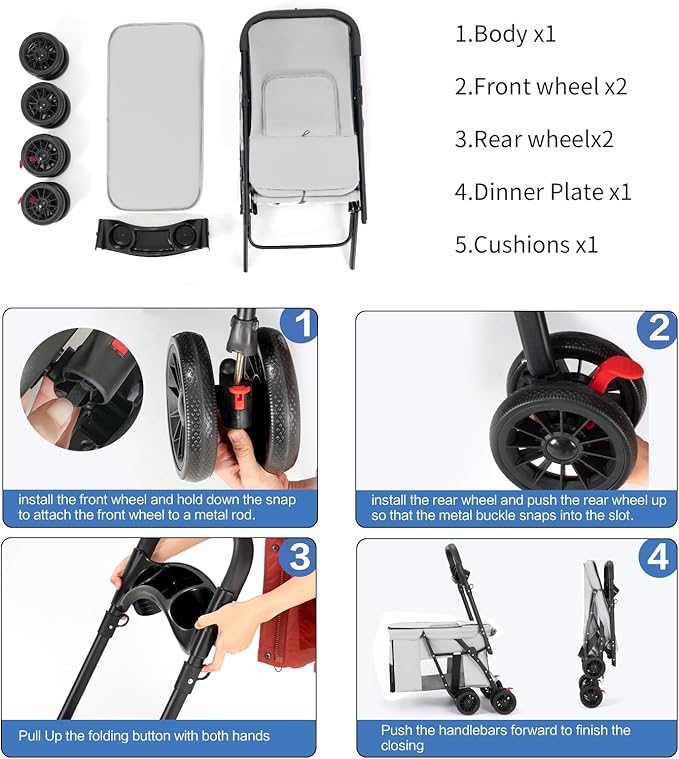 Pet Stroller Cat Dog Stroller Travel Folding Pet Carriers（Gray）-Mewly Pet