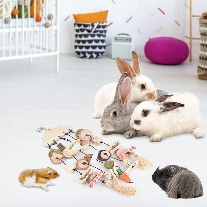 Bissap Rabbit Chew Toy, Bunny Cage Hanging Chew Toys and Treats Wooden with Snacks for Guinea Pigs Chinchillas Hamsters Rats and Other Small Pets Teeth Grinding-Mewly Pet
