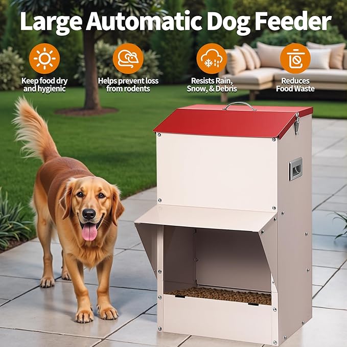 Automatic Dog Feeder Large Breed, 50 LB Capacity Outdoor Pet Food Dispenser, Powder-Coated Steel Gravity Dog Food Feeder with Clear Door, Wall Mountable, Weatherproof Self Feeders-Mewly Pet