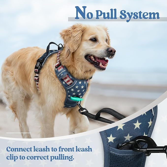 rabbitgoo Dog Harness No Pull with 2 Leash Clips, Adjustable Soft Padded, Reflective Oxford No Choke Pet Vest with Easy Control Handle for Large Dogs, Blue Star, L-Mewly Pet