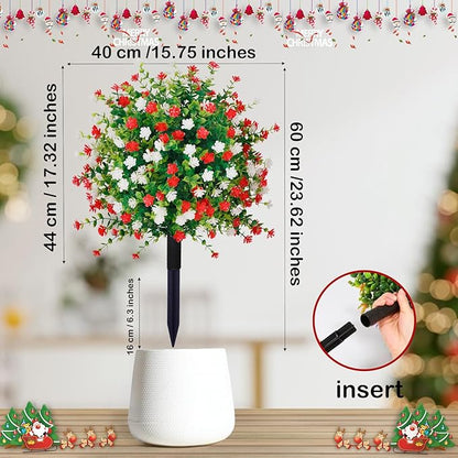 2 Pack Artificial Christmas Tree,Xmas Fake Topiary Ball Boxwood Trees with Ground Spikes,Faux Blooming Plants Shrubs Bushes for Outdoors Urn Filler Planters Garden Porch Christmas Decor