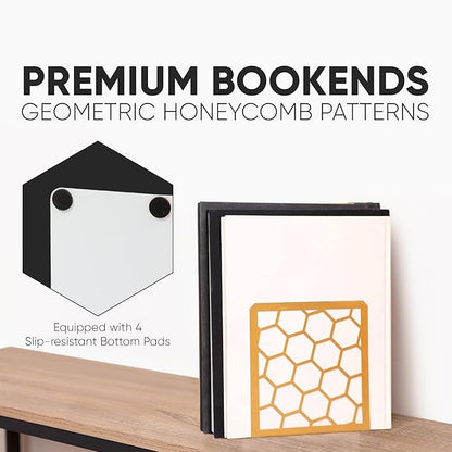 GEOMOD Geometric Honeycomb Gold Metal Bookends Decorative - Tall Sturdy Book Ends for Shelves - Modern Heavy Duty Bookend Stopper - Office or Home Book Shelf Book Holder - 6x3.25x6.25 Inches - 2 Pair