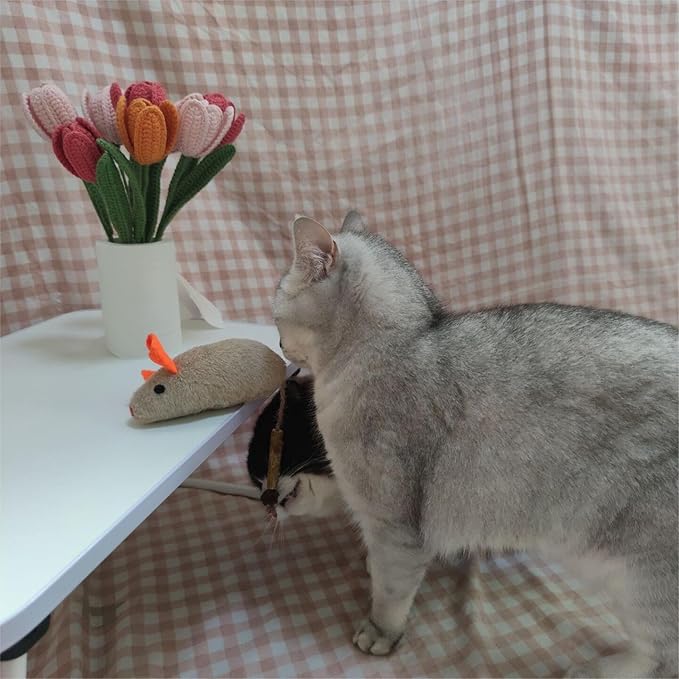 Cat Toys for Indoor Cats, 3Pcs Large 8.9" Plush Mouse Kitten Toys with Bell Tail Sound, Organic Catnip with Silvervine, Individually Packaged Dental Chew Matatabi for Exercise & Oral Health-Mewly Pet