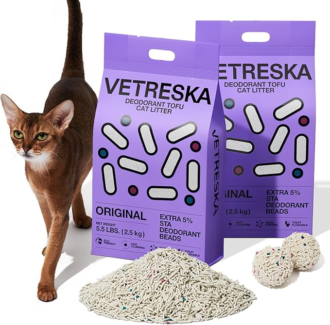 VETRESKA Tofu Cat Litter,Kitty Litter Flushable Strong Clumping Cat Litter Pellets Ultra Absorbent,Dust-Free Tofu Litter,Original(5.5lb×2bags)-Mewly Pet