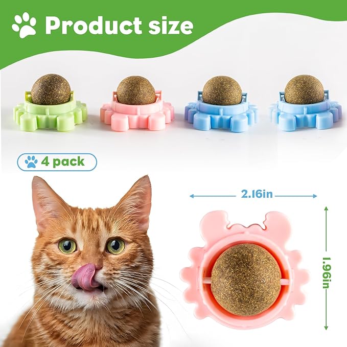 4 Pack Catnip Balls Roller Wall Ball for Cats Spinning Catnip Station Licking Balls Organic Cat nip Chew Ball for Teeth Cleaning & Play-Mewly Pet