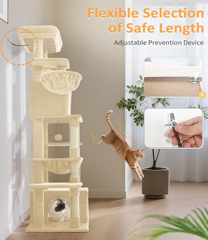 Cat Tree Large Cat Tower Tree 68" Multi-Level Cat Tower for Indoor Cats with Sisal Scratching Posts, Widen Cat Perche, Square Hammock, 2 Widen Condos, Scratching Posts, Beige-Mewly Pet