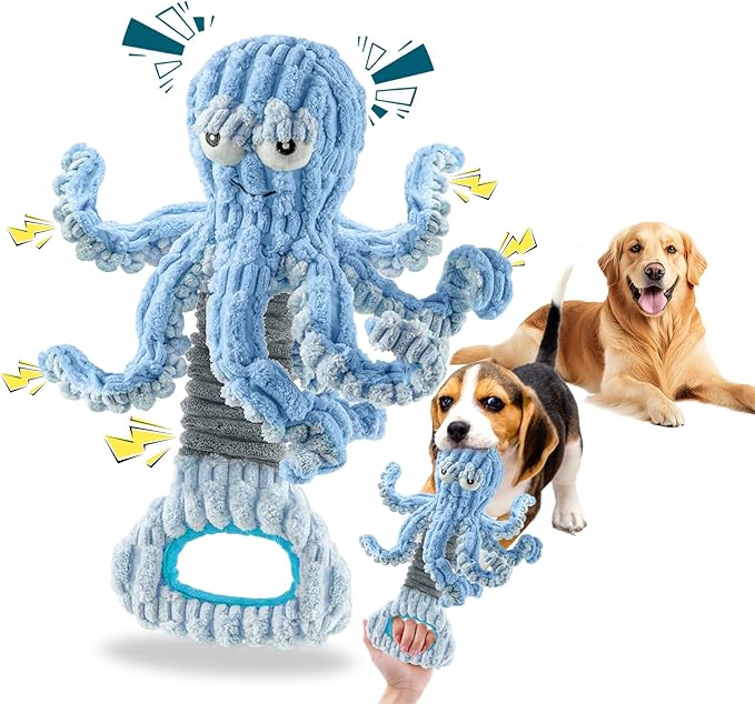 Squeaky Dog Toys for Large Dogs, Octopus Dog Toy Interactive Tug of War Dog Plush Toy to Keep Them Busy, Crinkle Dog Toy Plush Dog Toys (Blue)-Mewly Pet