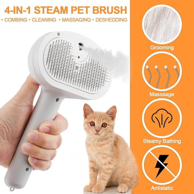 Cat Steam Brush for Shedding, 4 in 1 Steamy Cat Brush with Release Button, Self Cleaning Metal Pet Misting Hair Comb with Handle for Grooming Kitten Dog(White)-Mewly Pet