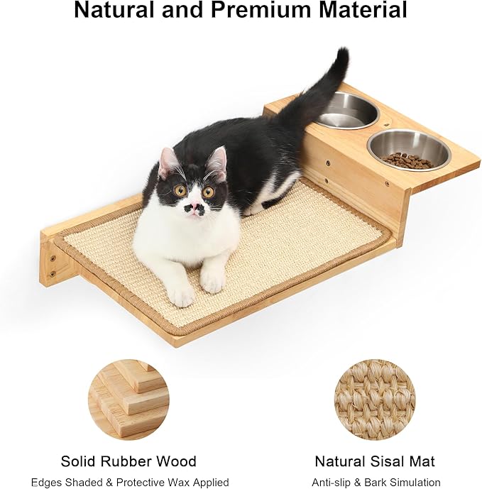 FUKUMARU Cat Wall Shelves, 3 In 1 Cats Walls Furniture Set, Food Station with 2 Steps , Solid Rubber Wood Perch, Suitable for Kitten Play, Nap, Eat, DIY Wall Jungle Gym-Mewly Pet