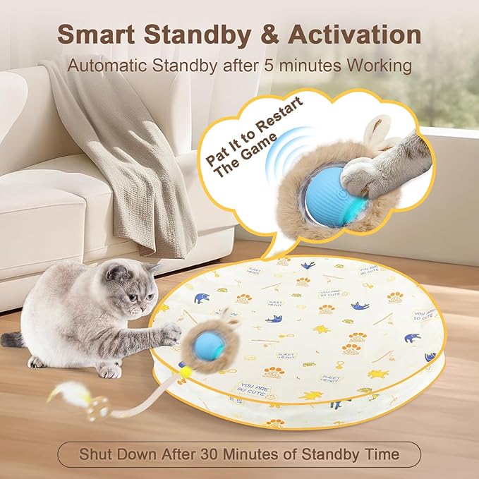 Interactive Cat Toys, Smart Rolling Ball in Play Mat, Automatic Speedy Moving Ball for Indoor Exercise, Motion Activated Pet Balls for Hide and Seek Mouse Catching Game (Blue)-Mewly Pet