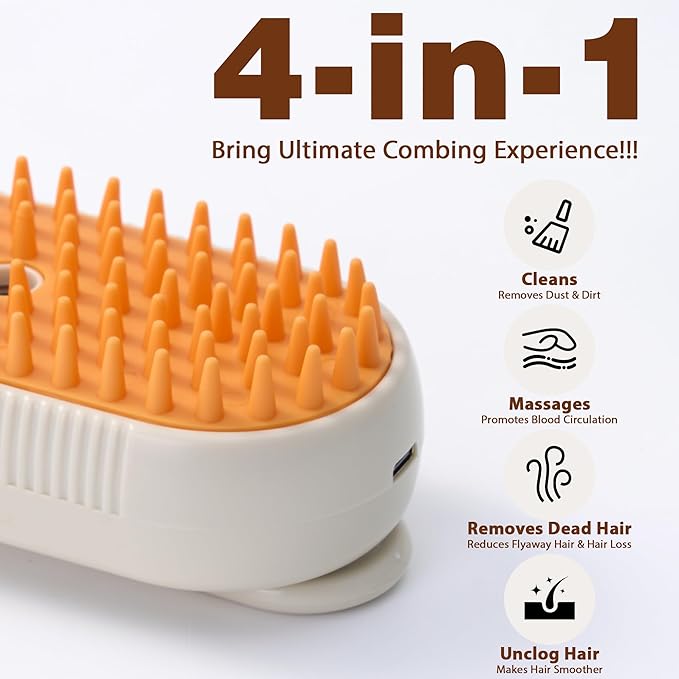 4 in 1 Cat Steam Brush, Rechargeable Steam Brush for Cats and Dogs, Anti-Static Cat Spray Brushes, Massage, Cleaning, Shedding & Combing All In One! Beige-Mewly Pet