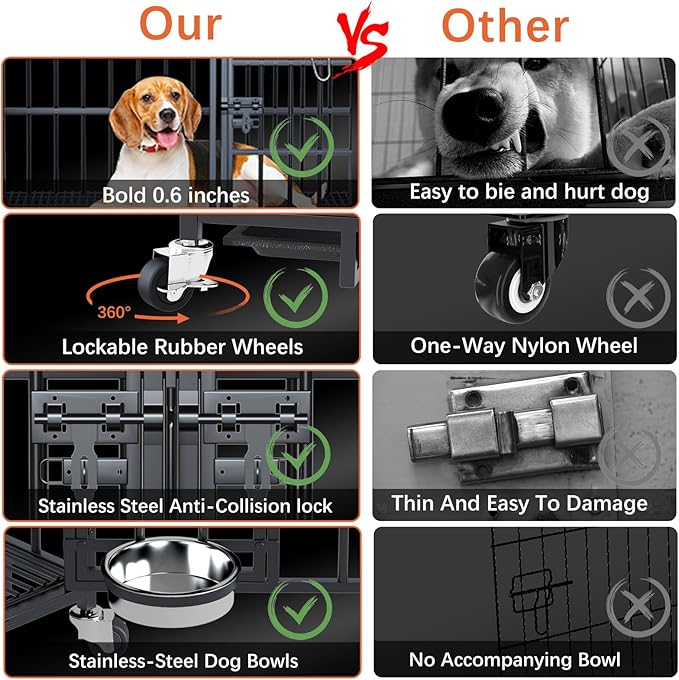 aboxoo 48/42 inch XL Dog Crate for Large Dog/Double Medium Dogs,Heavy Duty Metal Dog Cages,All Metal Open Top,Dog Kennel Indoor with Wheels,Floor Grid, Tray, Divider and Feeding Bowl-Mewly Pet