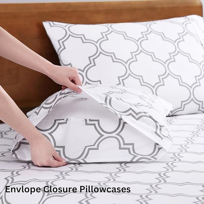 LANE LINEN 100% Organic Cotton King Size Bedding Sets, Soft & Comfy Percale Sheets, Breathable Luxury Hotel Low Pill Fade Resistant Printed Cotton Sheets,15" Deep Pocket King Sheet Set - Trellis
