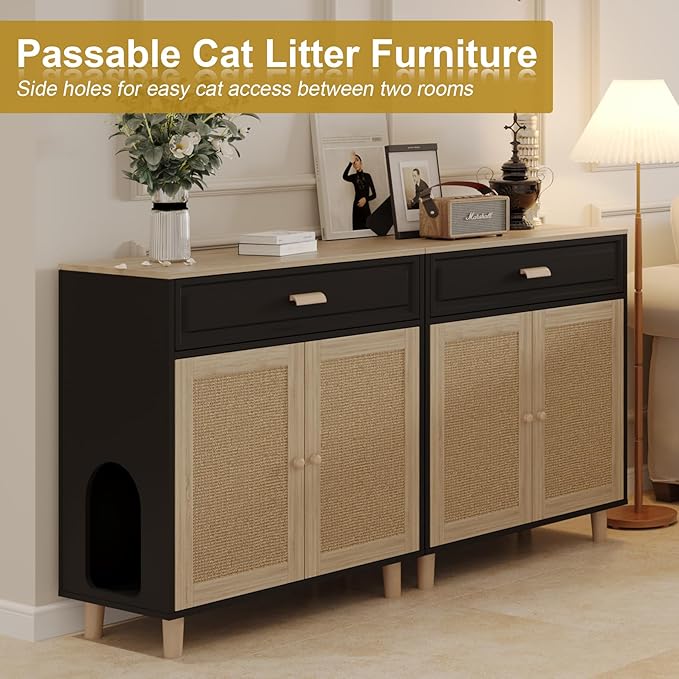 Cat Litter Box Enclosure Furniture Hidden Indoor 2-in-1 Wooden Cat House & Washroom Cabinet with Scratching Board Doors and Drawer, 31.5"x15.7"x34.6"H - Black-Mewly Pet