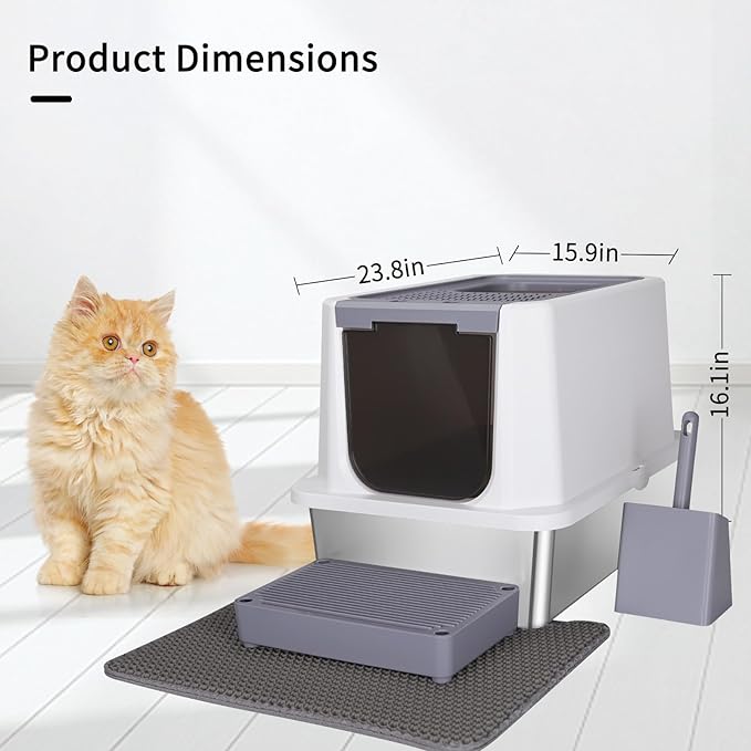 RIZZARI Stainless Steel Cat Litter Box, Odorless Enclosed Litter Box with Top Holes, Large Litter Pan for Small to Large Sized Cats (Light Gray, 23.8" L*15.9" W*16.1" H)-Mewly Pet