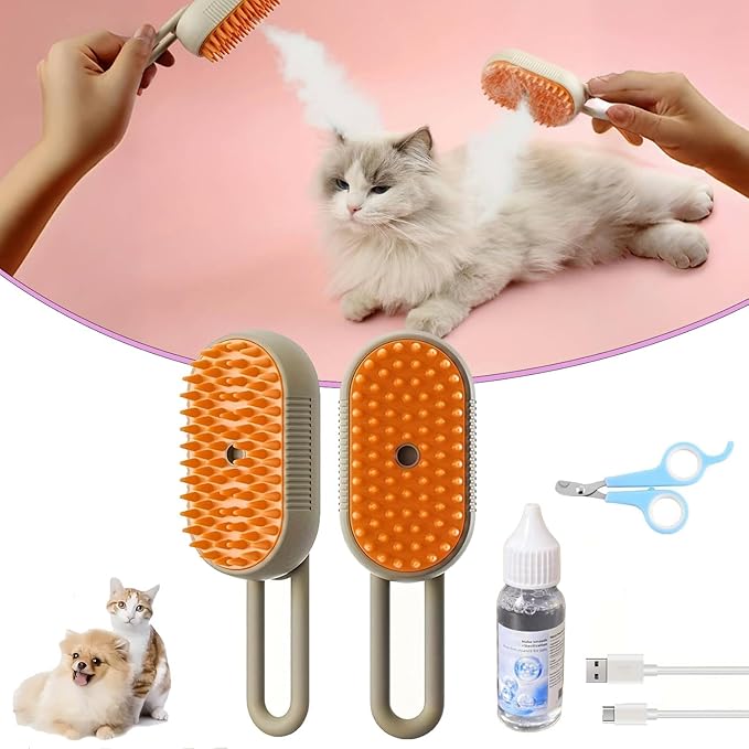Brown+Essence 3 in 1 Steamy Pet Brush - Spritz Defur Comb for Cats & Dogs Grooming Tool (Brown+Essence)-Mewly Pet