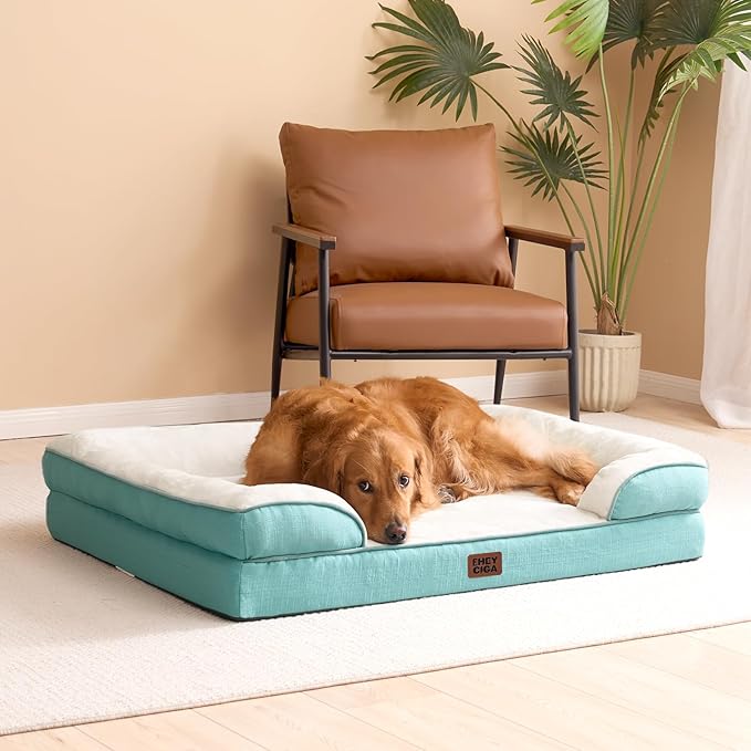 EHEYCIGA Orthopedic Dog Beds for Extra Large Dogs, Waterproof Memory Foam XL Pet Bed with Sides, Non-Slip Bottom and Egg-Crate Foam Big Dog Couch Bed with Washable Removable Cover, Turquoise Blue-Mewly Pet