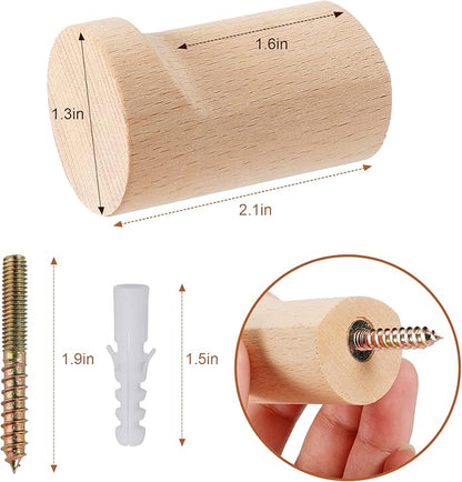 Wood Wall Hooks 6 Pack, Natural Wooden Coat Hooks Wall Mounted, Handmade Rustic Hat Hooks Heavy Duty Entryway Wall Hangers for Hanging Towels, Clothes, Bags (Beech Wood)
