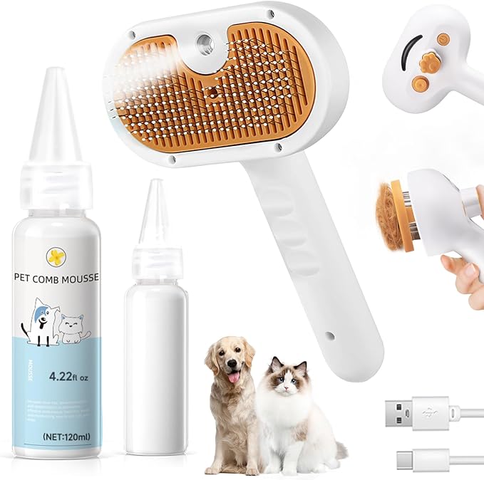 Pet Steam Brush for Dog & Cat – 3-in-1 Spray Hair Removal Comb – Steam for Shedding & Grooming – Water Brush for Long & Short Haired Pets – Spritz Defur Comb – Includes Waterless Shampoo-Mewly Pet